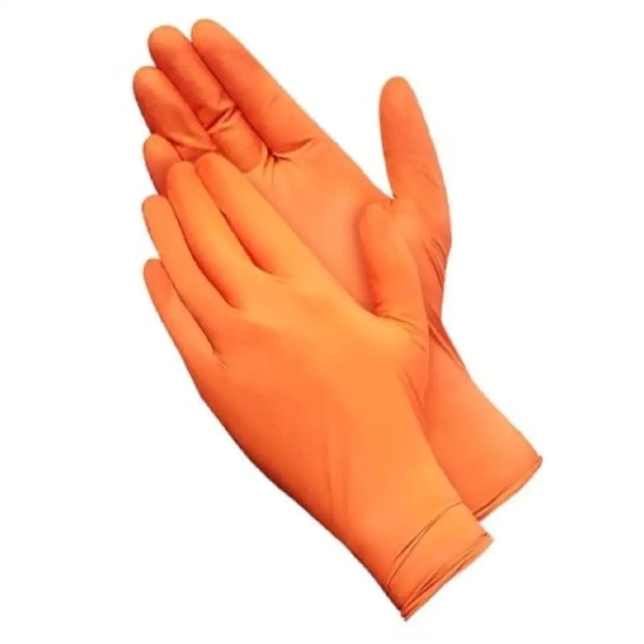A pair of bright orange natural rubber disposable latex low protein safety gloves with smooth texture and snug fit