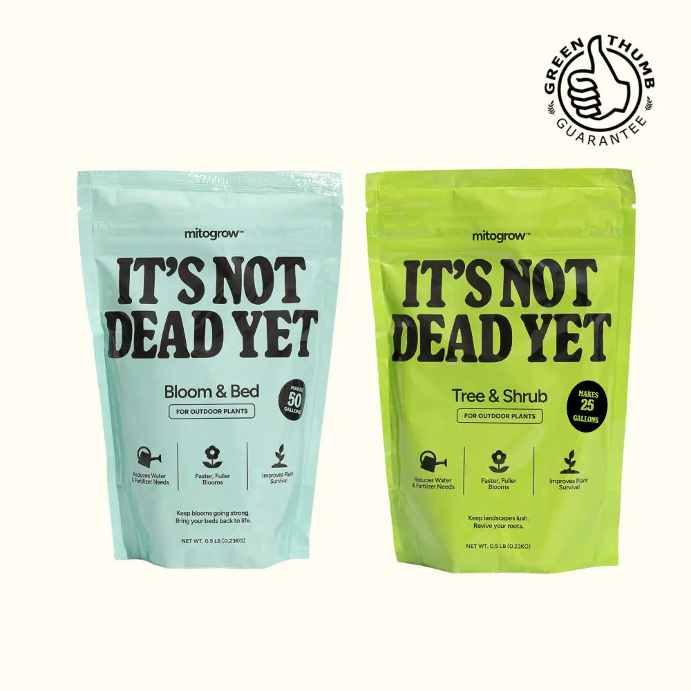 Two half-pound resealable pouches of mitogrow plant fertilizer outdoor bundle in blue for bloom and green for trees and shrubs