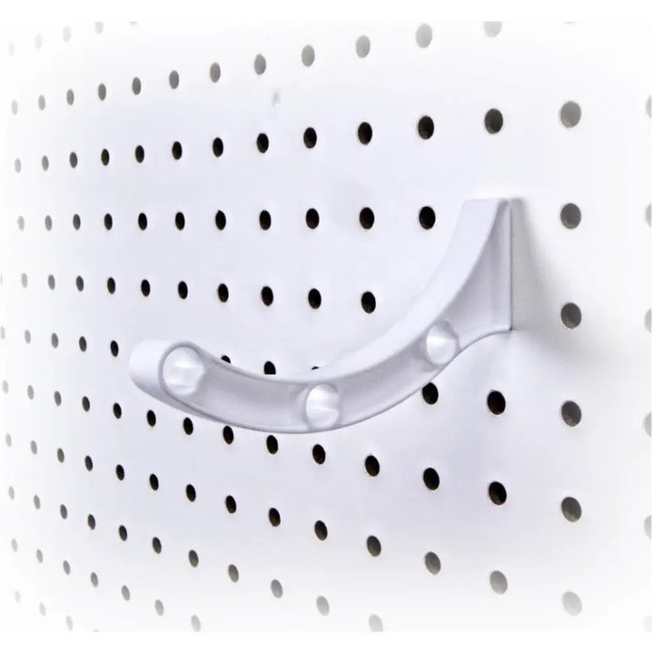 White plastic wall-mounted hook with curved handle and three spherical accents for peggy pegboard organizer ribbon organizer use