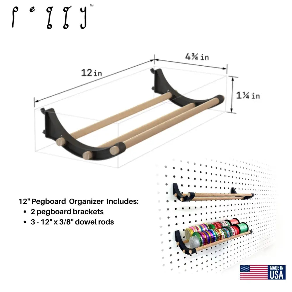 Black and light wood Peggy pegboard organizer with curved brackets and three dowels for ribbon organizer in craft rooms