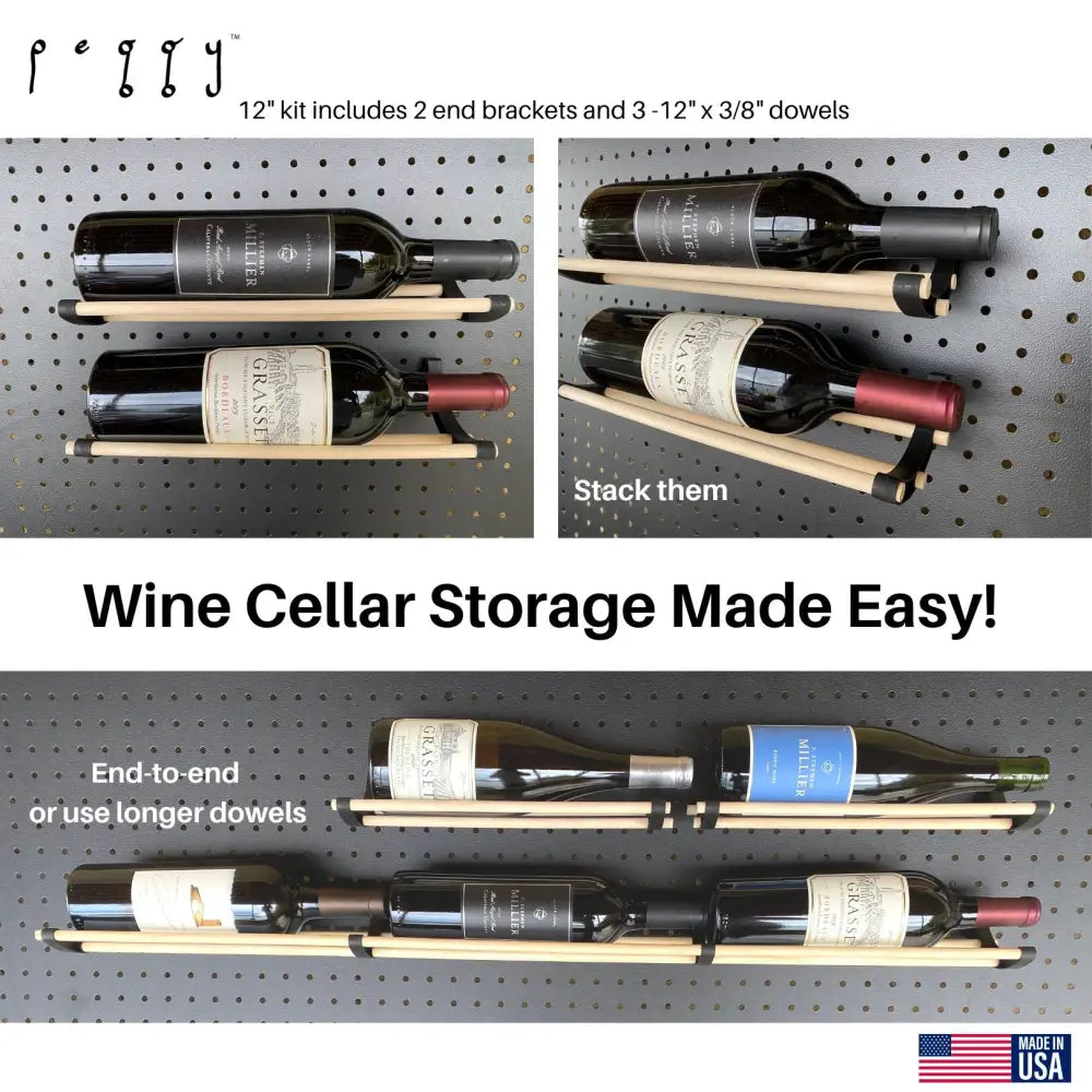 Peggy pegboard organizer 12-inch wine rack kit with light wood dowels and black brackets for craft rooms ribbon organizer