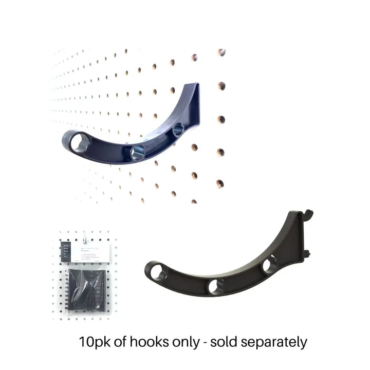 Black curved metal wall hook with modern design for peggy pegboard organizer in craft rooms as a ribbon organizer