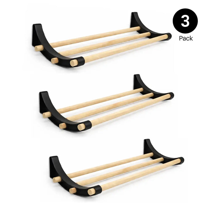 Black and light wood three-bar professional pegboard roll storage rack