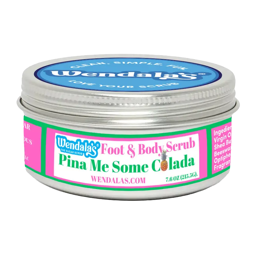 Pina me some colada foot and body scrub in a silver tin with pink green and white labeling contains organic coconut