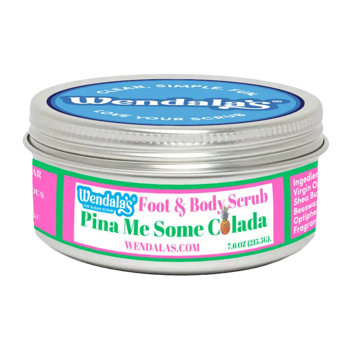 Pina me some colada foot and body scrub in a silver tin with pink green and white labeling contains organic coconut