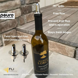Pouro Bottle Pourer Spout Twist-to-Open for Oil Vinegar Liquor Wine BPA-Free Made in USA Chrome - Beverage Dispenser