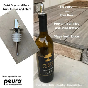 Pouro Bottle Pourer Spout Twist-to-Open for Oil Vinegar Liquor Wine BPA-Free Made in USA Chrome - Beverage Dispenser