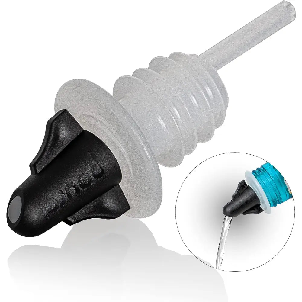 Pouro black liquor pourer spout with white and black flexible ribbed stopper for controlled pouring spouts and olive oil use