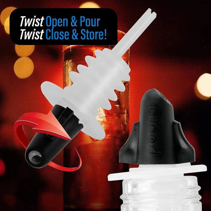 Pouro black liquor pourer spout — twist-open bar pourer with clear plastic bottle base for spirits and cocktail use