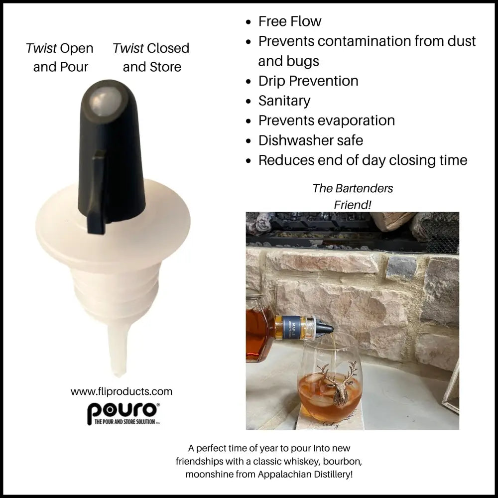 Pouro black liquor pourer spout — twist-open twist-closed bar pourer for spirits, whiskey, and cocktail bottles