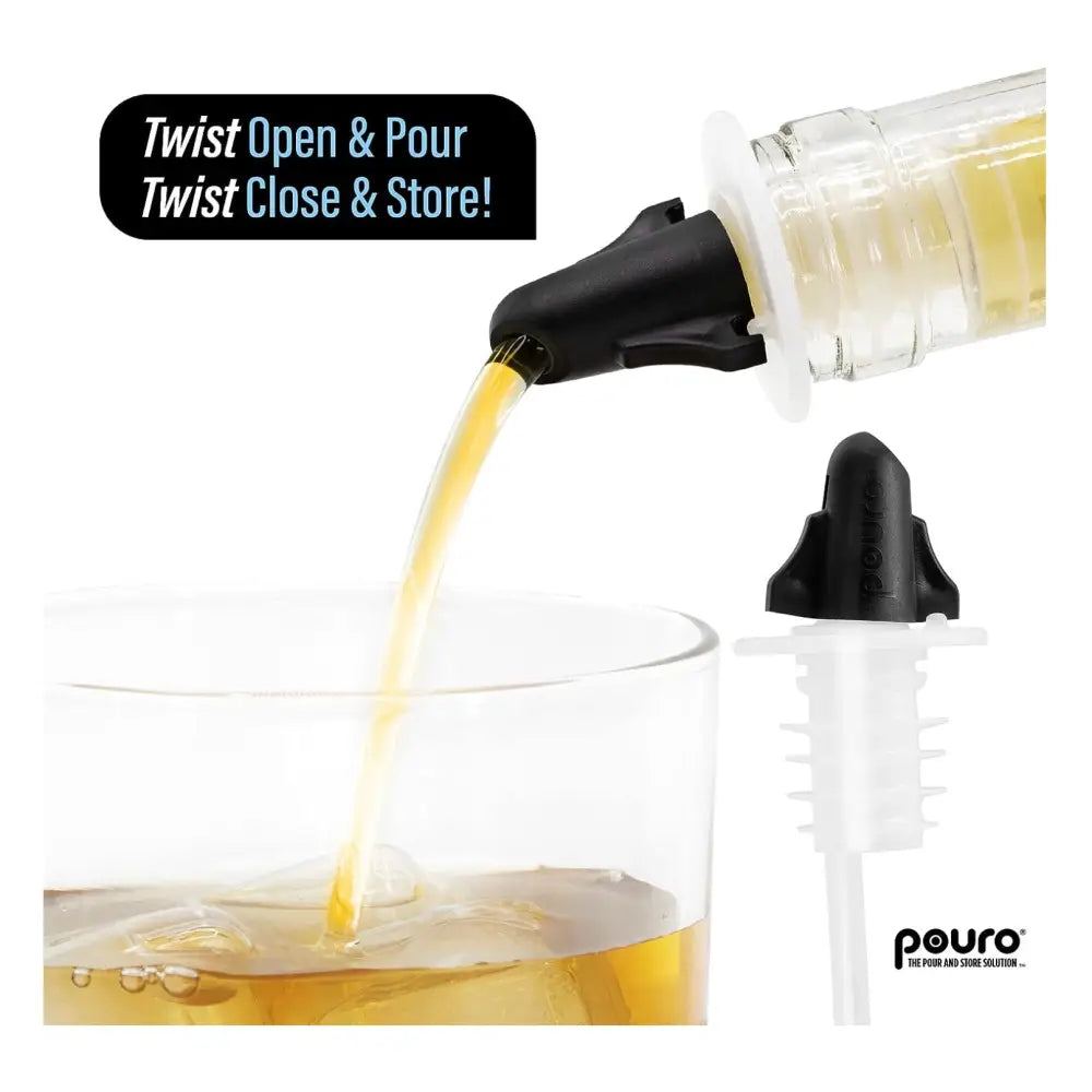 Pouro black twist-top liquor pourer spout on clear glass bottle — bar pourer for spirits and cocktail dispensing