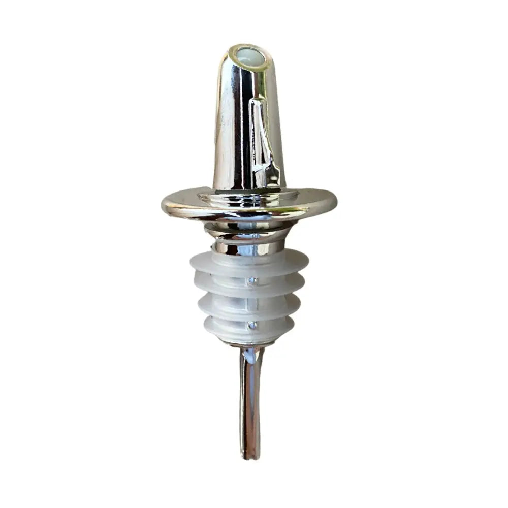 Pouro chrome wine pourer spout with chrome metal top white plastic multi-tiered base and sleek tapered bottle pourer spout