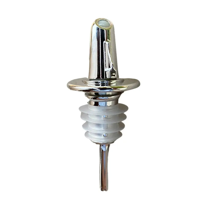 Pouro chrome wine pourer spout with chrome metal top white plastic multi-tiered base and sleek tapered bottle pourer spout