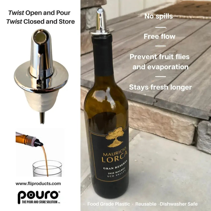 Shiny chrome Pouro bottle pourer spout with twist-open design for wine bottles made of durable metal