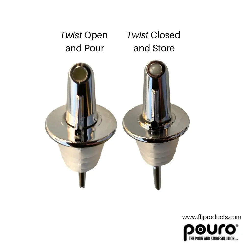 Pouro chrome bottle pourer spout with chrome finish and rubber seal base for easy twist-open and close storage