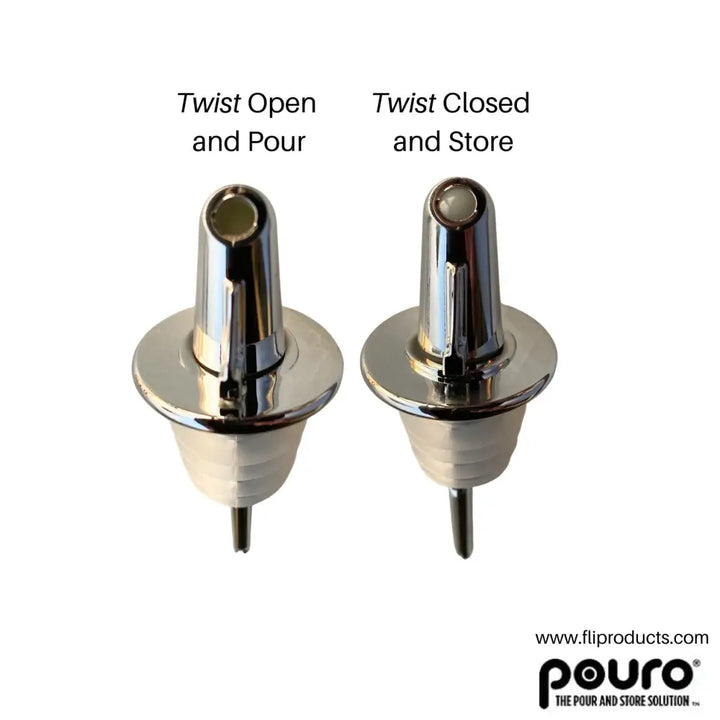 Pouro chrome bottle pourer spout with chrome finish and rubber seal base for easy twist-open and close storage