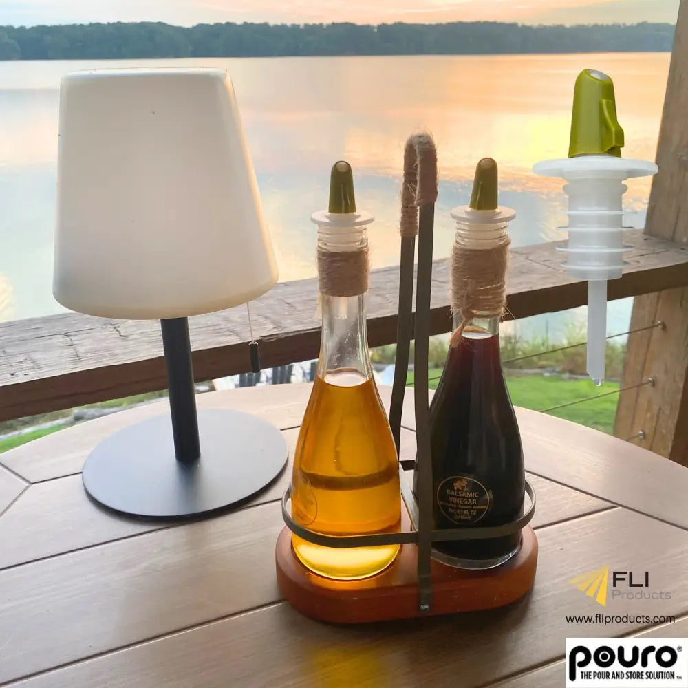 Pouro green olive oil pourer spout — twist-open twist-close design glass bottle for olive oil and vinegar condiments, keeps fresh longer and prevents evaporation and bugs