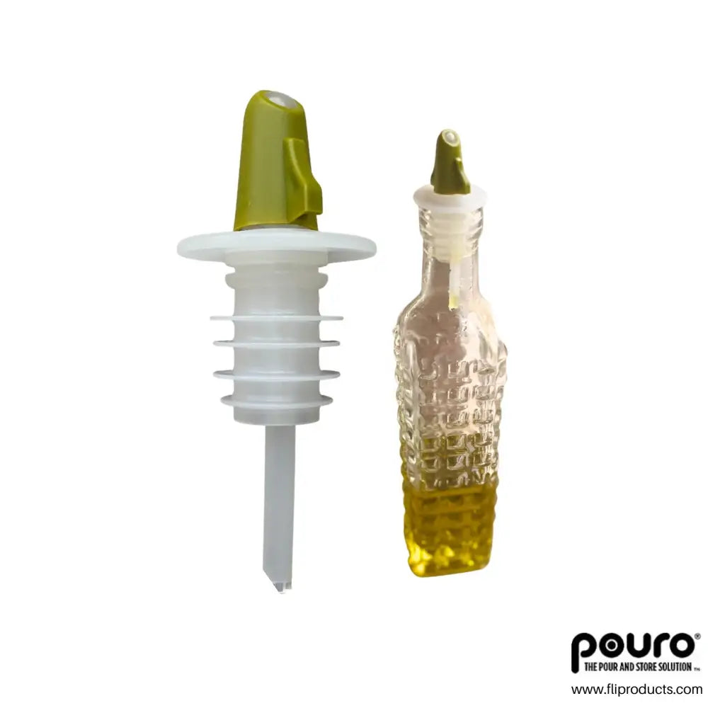 Pouro green olive oil pourer spout — twist-open design on textured glass bottle for olive oil and kitchen condiments