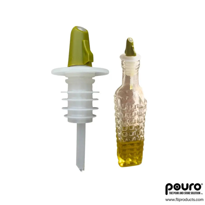 Pouro green olive oil pourer spout — twist-open design on textured glass bottle for olive oil and kitchen condiments