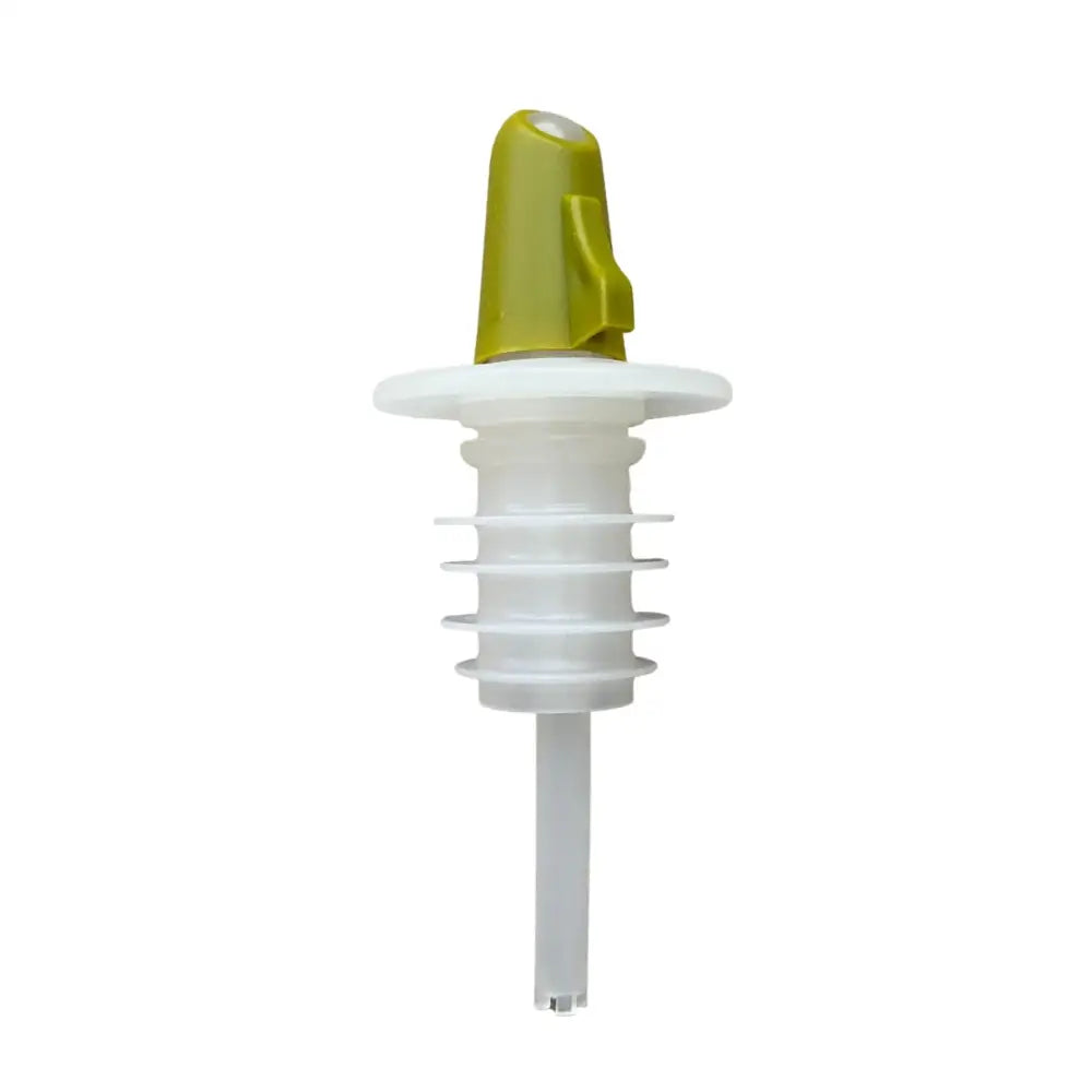 Pouro green olive oil pourer spout featuring a white plastic bottle pourer with a lime green flip-top cap