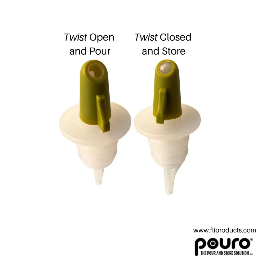 Pouro green olive oil pourer spout — twist-open design on textured glass bottle for olive oil and kitchen condiments