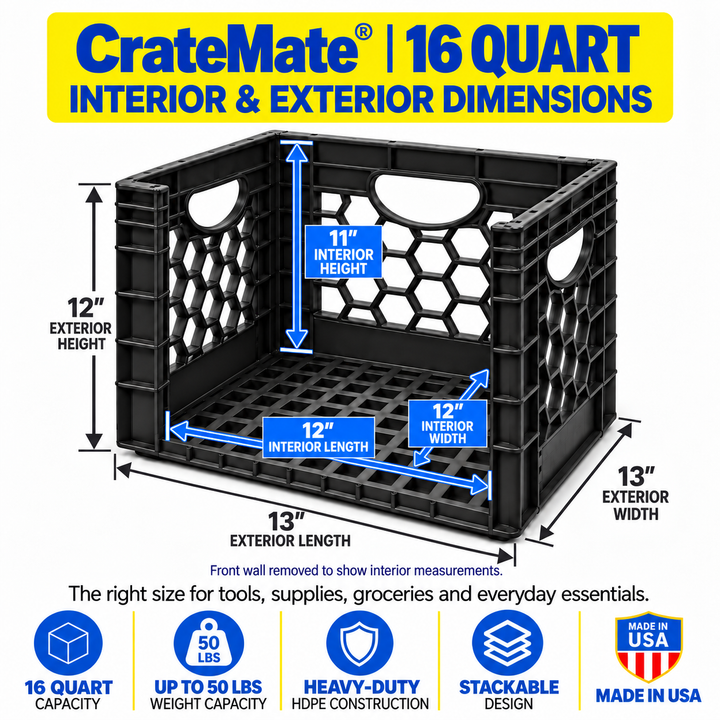 CrateMate™ 16QT Heavy-Duty Milk Crate | Stackable Storage Bin