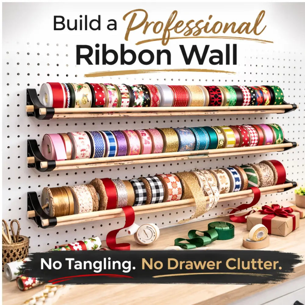 Professional pegboard roll storage with 3-tier wooden ribbon organizer
