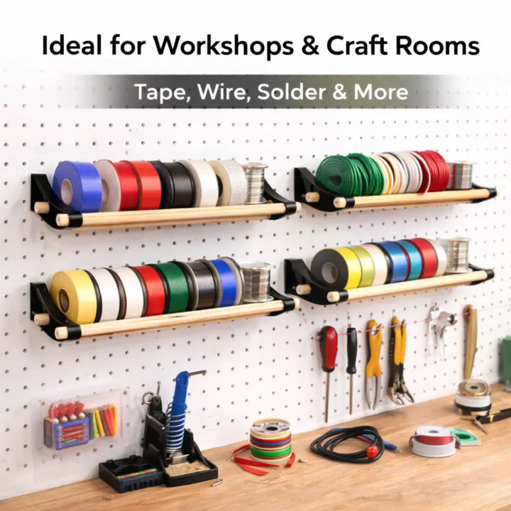 Professional pegboard roll storage with wooden shelf, black metal brackets, colorful tape rolls