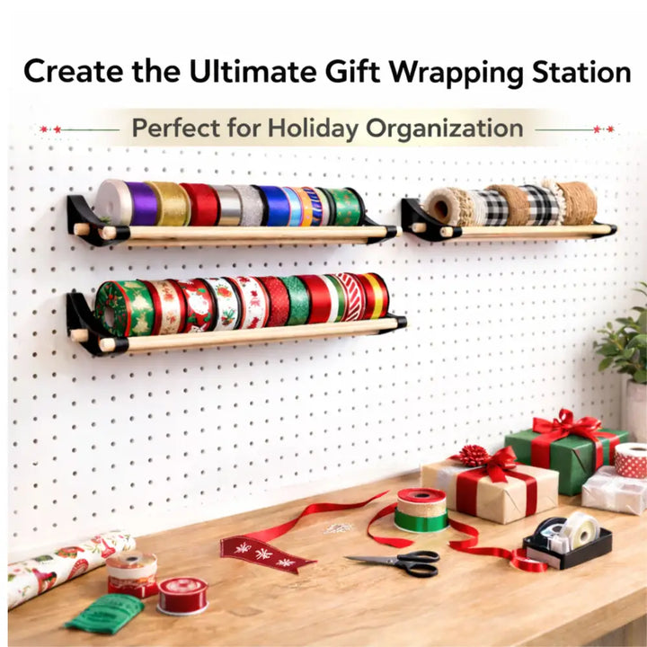 Professional pegboard roll storage with wooden shelves holding holiday ribbons