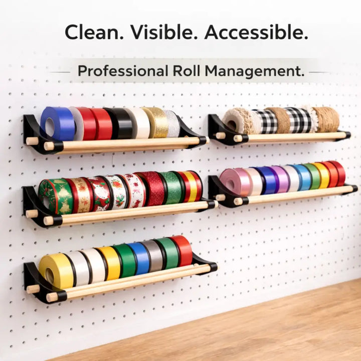 Professional pegboard roll storage with wooden shelf, black metal brackets, colorful ribbons