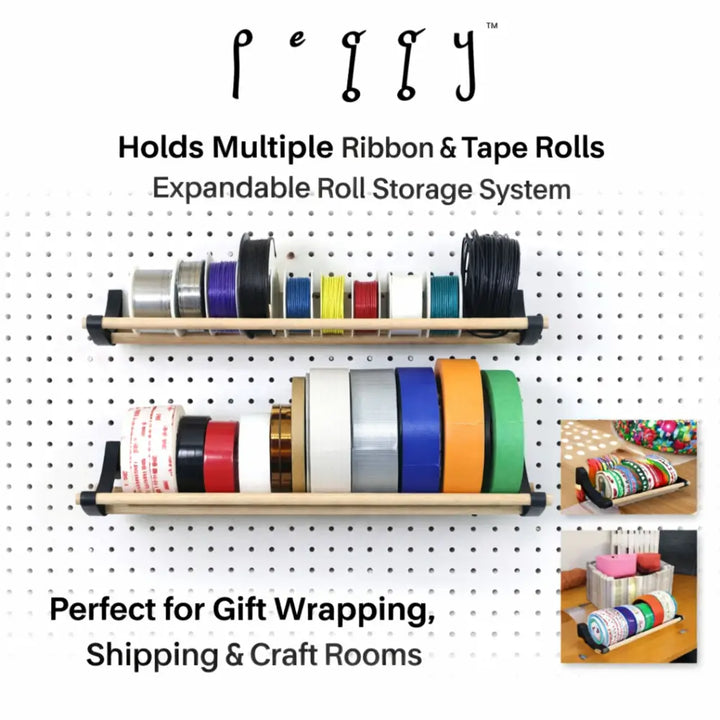 Professional pegboard roll storage with expandable wooden shelves and black end caps