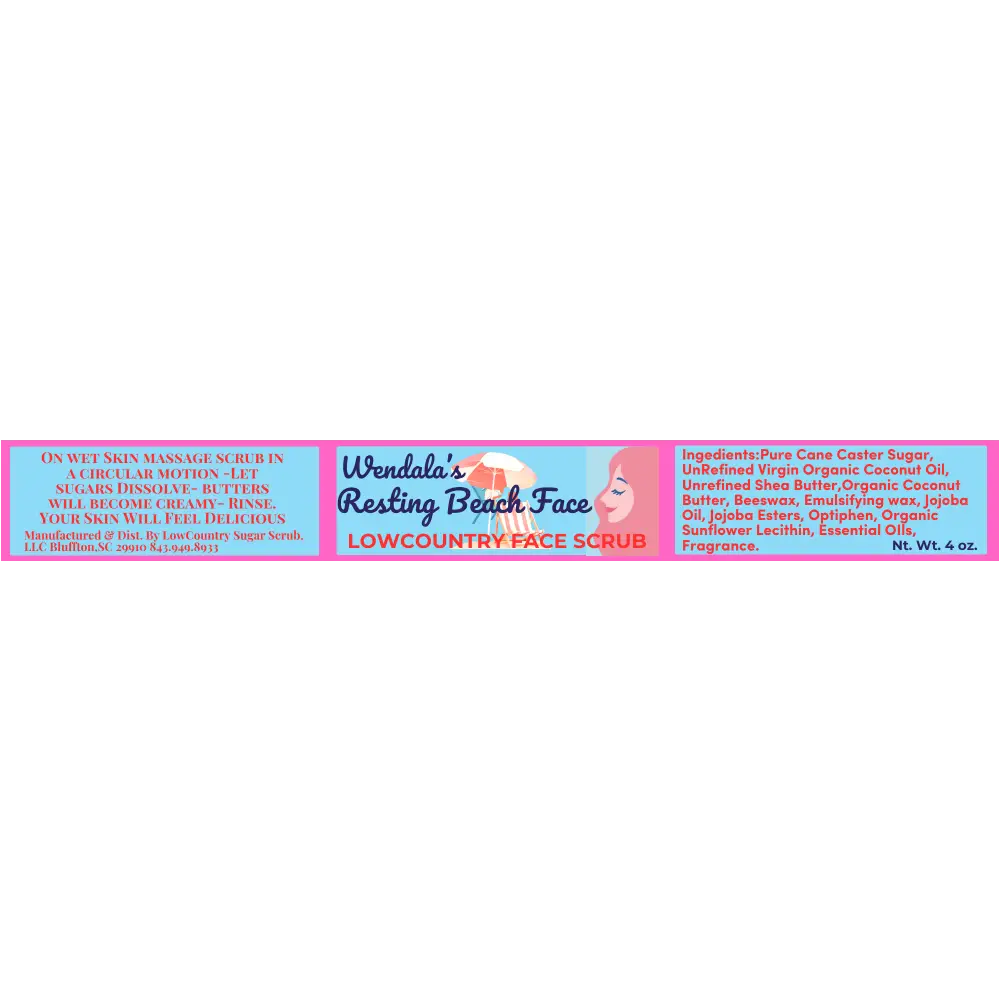 Wendala resting beach facial scrub in pink and blue packaging with caster sugar and woman under umbrella illustration