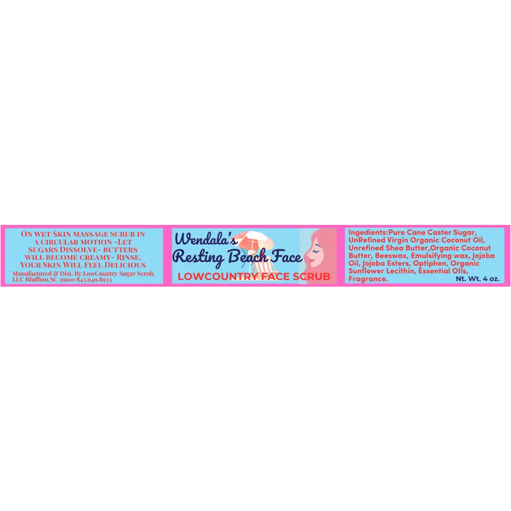Wendala resting beach facial scrub in pink and blue packaging with caster sugar and woman under umbrella illustration