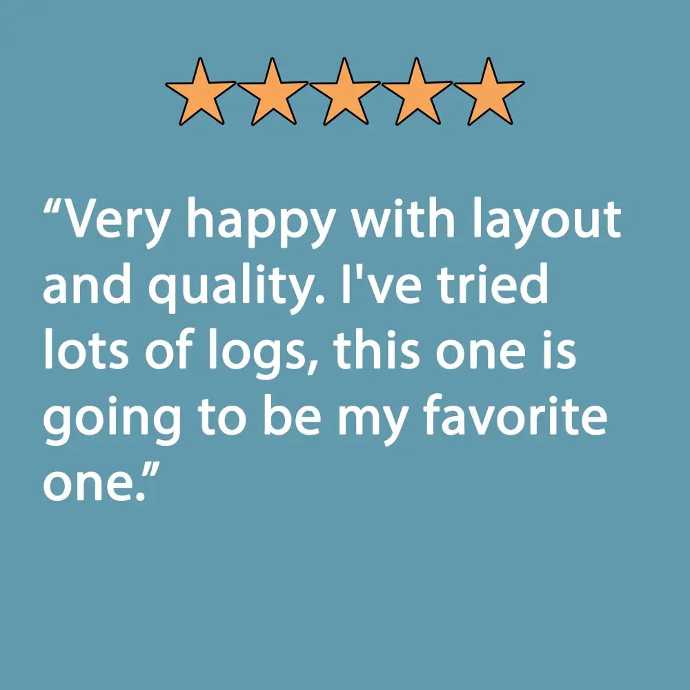 Five orange stars above a customer review praising the layout and quality of the orange all-in-one captain’s logbook ship’s log