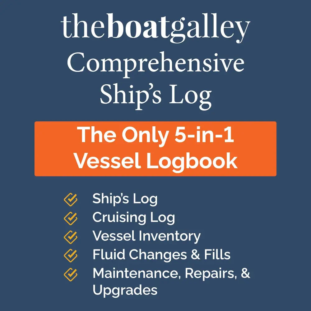 The boatgalley all-in-one captain’s logbook ship’s log with white text on navy blue and an orange feature banner