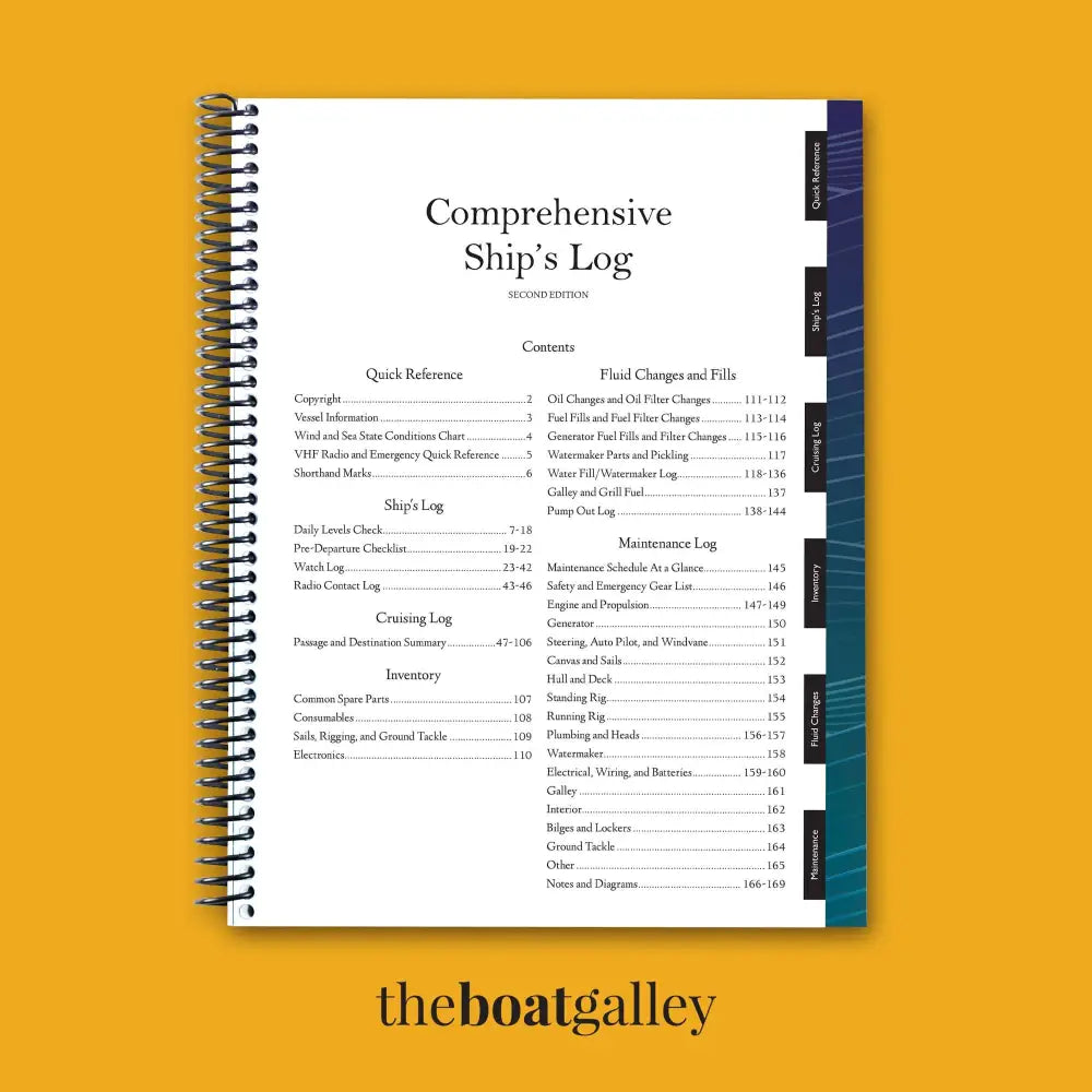 White spiral-bound ship’s log with navy blue and teal tabbed spine for all-in-one captain’s logbook use