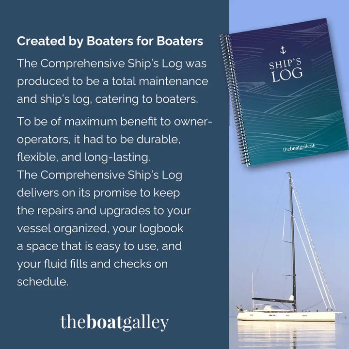 A spiral-bound ship’s log with a navy to teal gradient cover featuring white text and an anchor emblem for boat trips