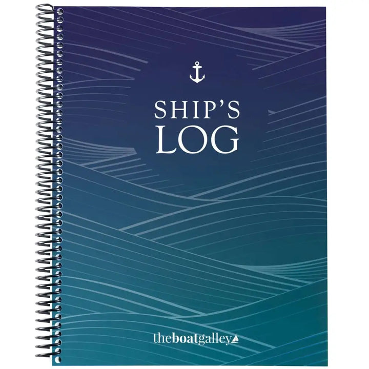 Navy blue spiral-bound all-in-one captain’s logbook with white anchor and wave patterns for ship’s log and watch log use