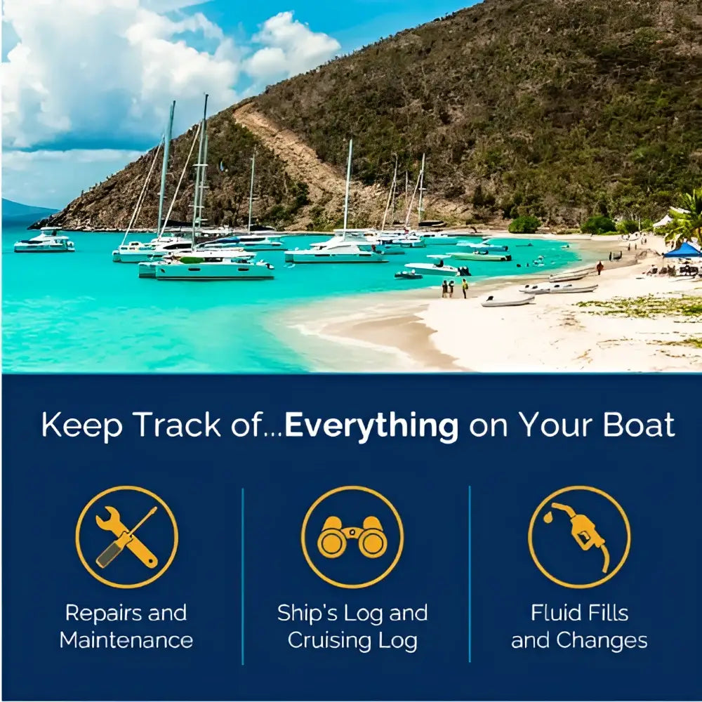 A ship’s log all-in-one captain’s logbook with navy blue background and gold icons for repairs logs and fluid fills