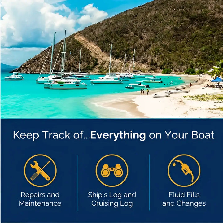A ship’s log all-in-one captain’s logbook with navy blue background and gold icons for repairs logs and fluid fills