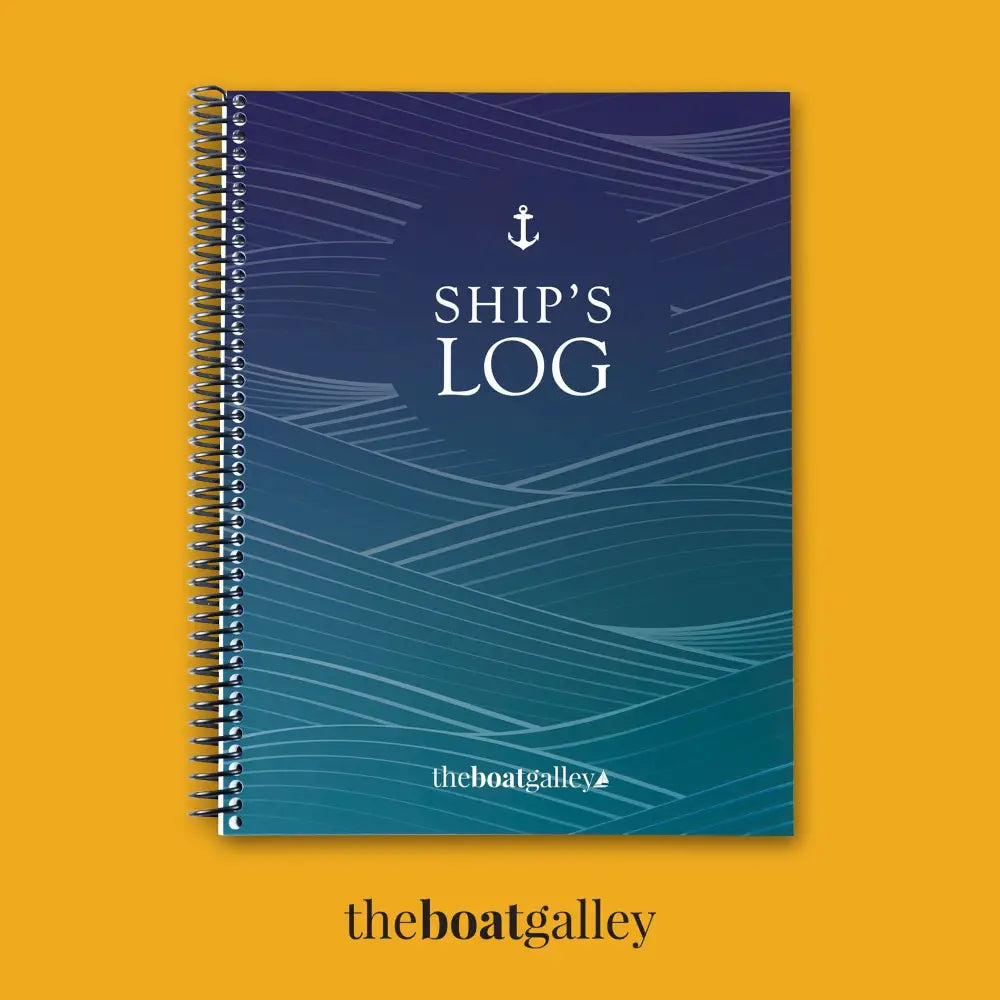 Navy blue spiral-bound ship’s log with white anchor and wave design by theboatgalley all-in-one captain’s logbook