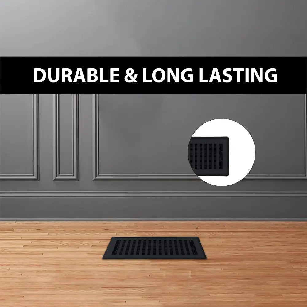 Black rectangular steel floor register with vertical slats from sierra grates contemporary collection