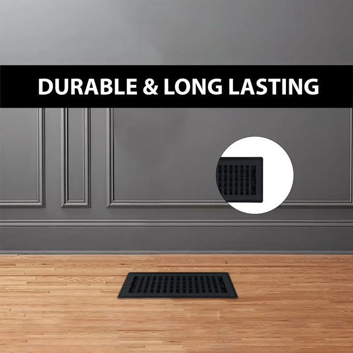 Black rectangular steel floor register with vertical slats from sierra grates contemporary collection