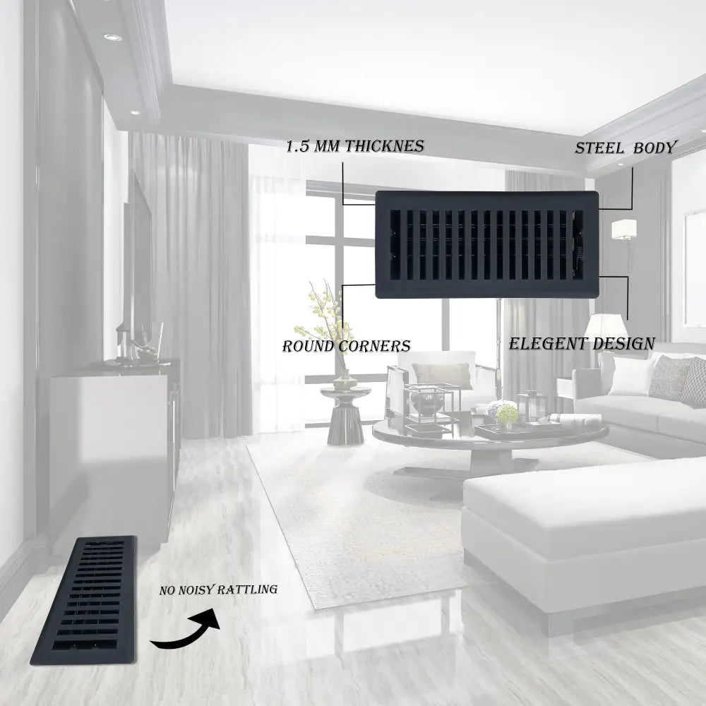 Sierra grates contemporary black steel floor register with round corners and elegant vent cover design