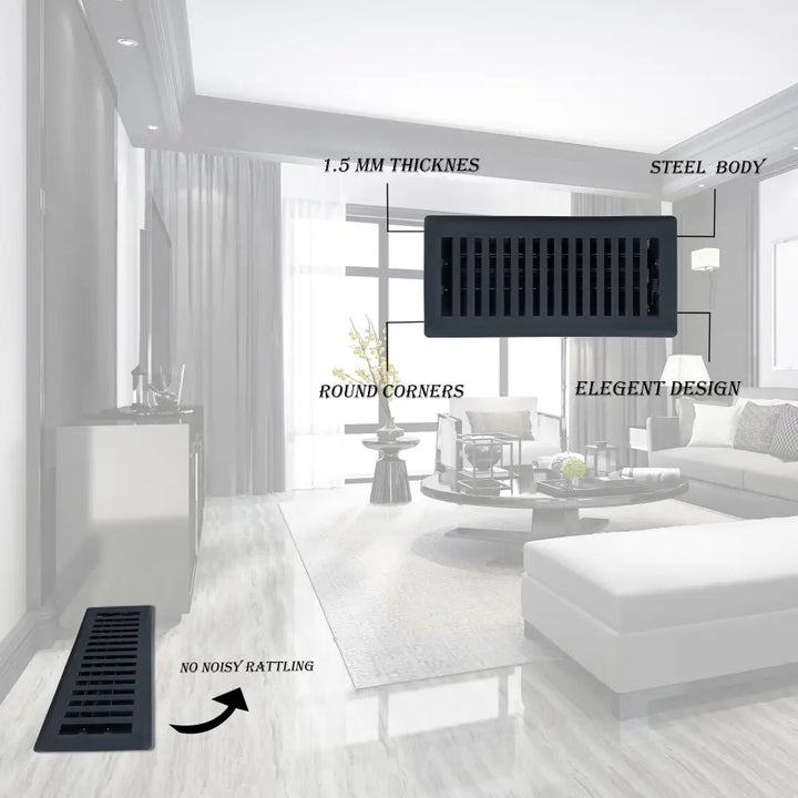 Sierra grates contemporary black steel floor register with round corners and elegant vent cover design