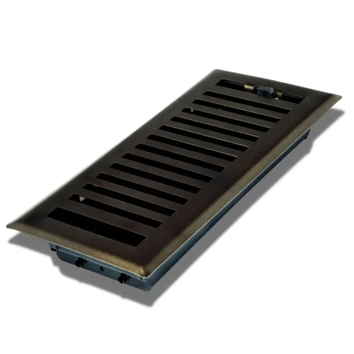Bronze-finished rectangular sierra grates contemporary floor register with horizontal slats and raised edge in steel