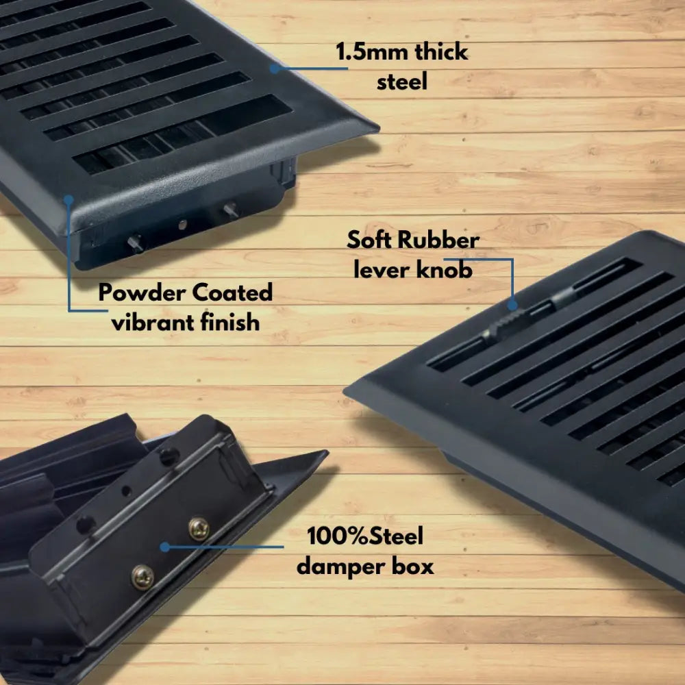 Black 1.5mm steel floor register with powder coated vibrant finish and rubber lever knob by sierra grates contemporary