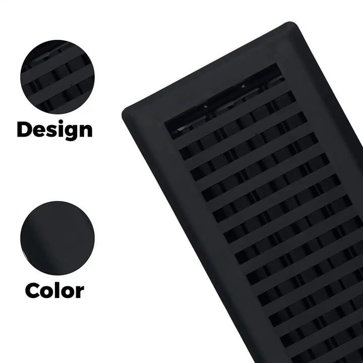 Black matte-finish steel floor register with horizontal slats from sierra grates contemporary collection