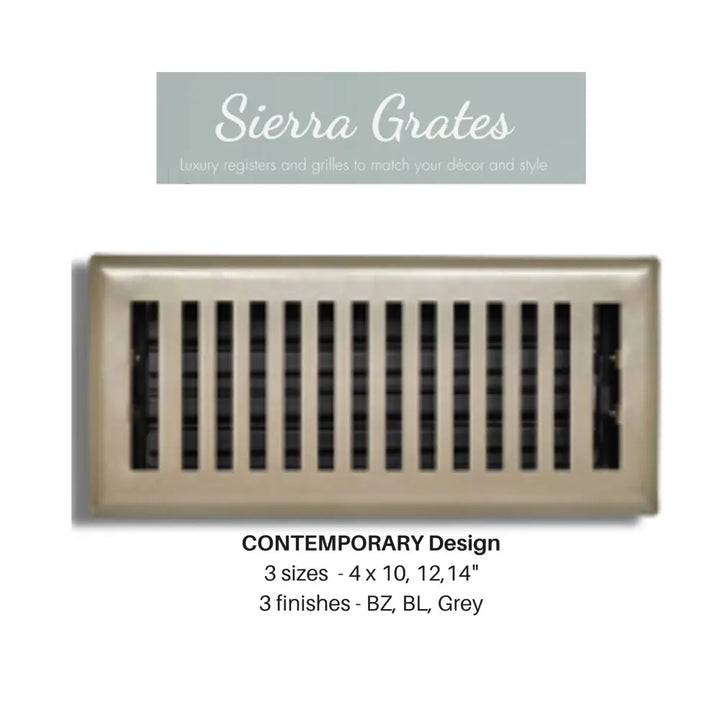 Beige metallic rectangular floor register with vertical slats sierra grates contemporary black steel vent cover