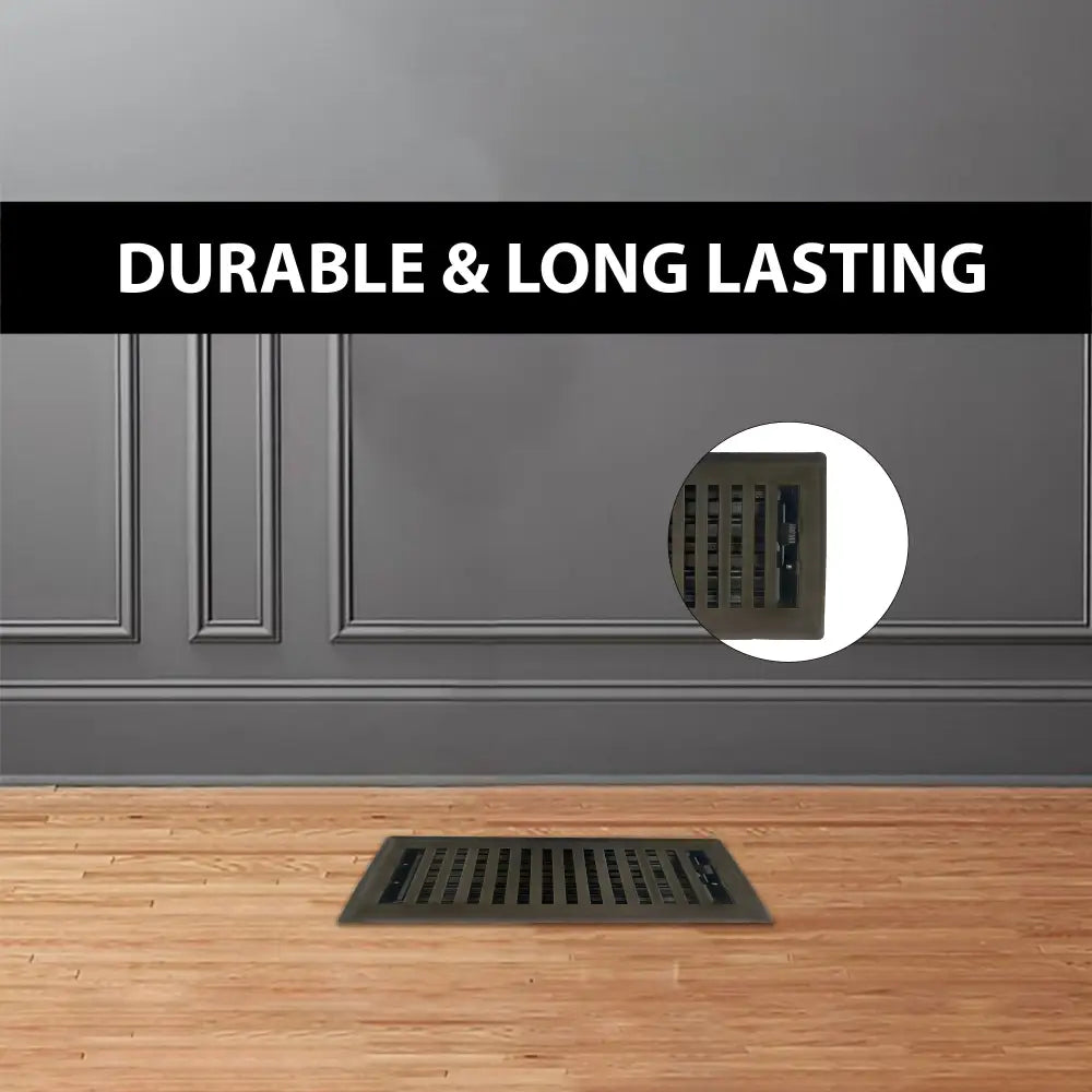 Black metal floor register with vertical slats and matching wall vent cover from sierra grates contemporary steel series